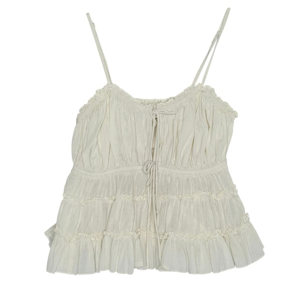 Aerie Layered Ruffle Tiered Tank Top L Cream Pleate Boho Coquette Fairy Babydoll